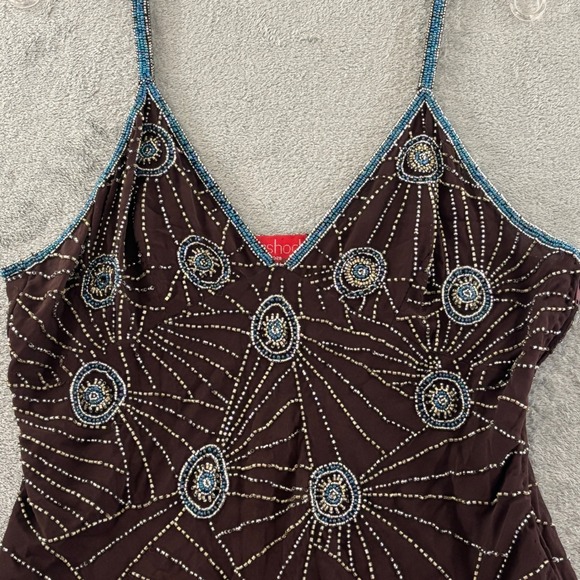 Aftershock Beaded Camisole Top Womens‎ XL Brown Sunburst Spaghetti Strap V Neck - Picture 3 of 10